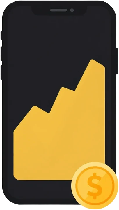 Black phone showing an amber candlestick chart, in Bybit colours