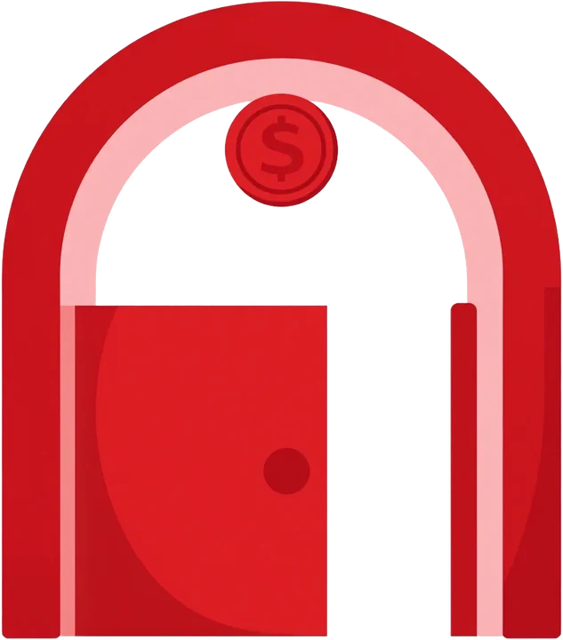 Red archway with a coin passing through, in Gate colours